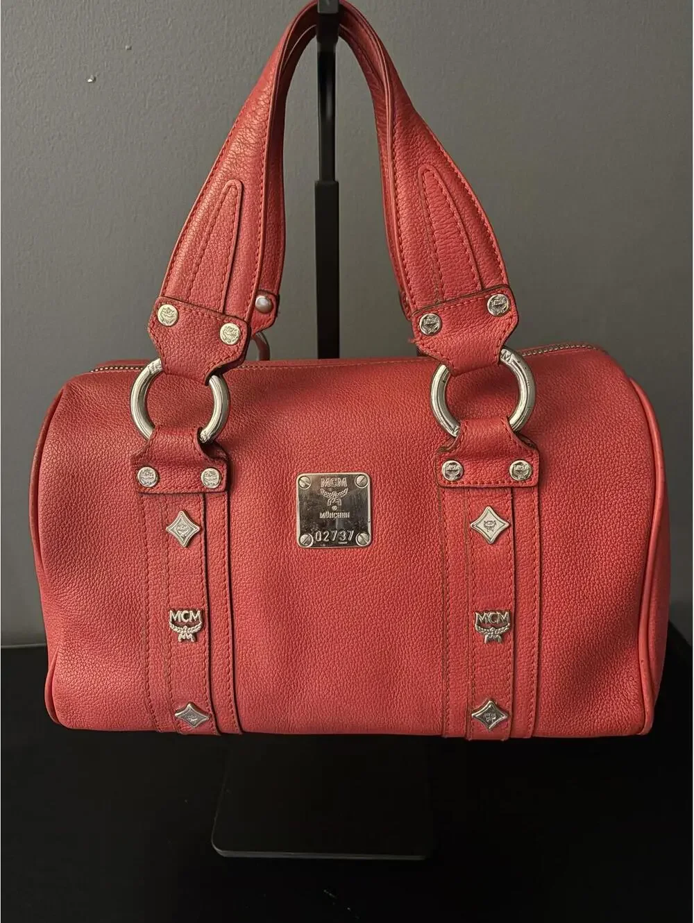 MCM Studded Pebbled Leather Satchel Boston Bag - Coral Red